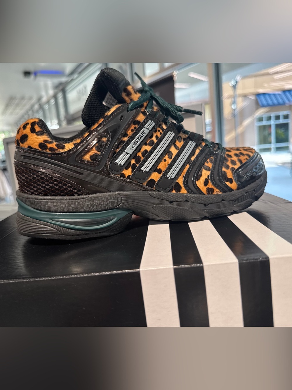 adidas Women's Leopard Print Sneaker with Black Panels & Green Accents